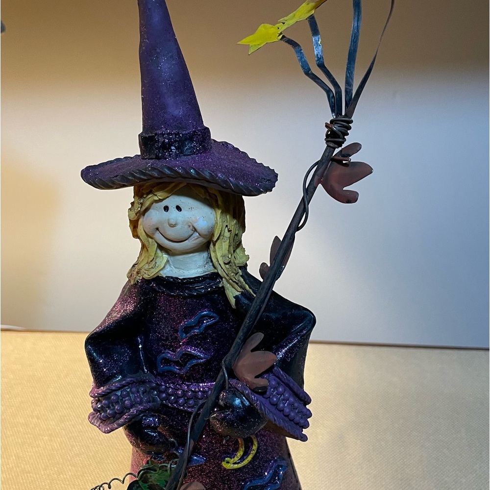 Halloween Decoration 14” Tall Whimsy Witch, Glitter Painted Metal & Resin